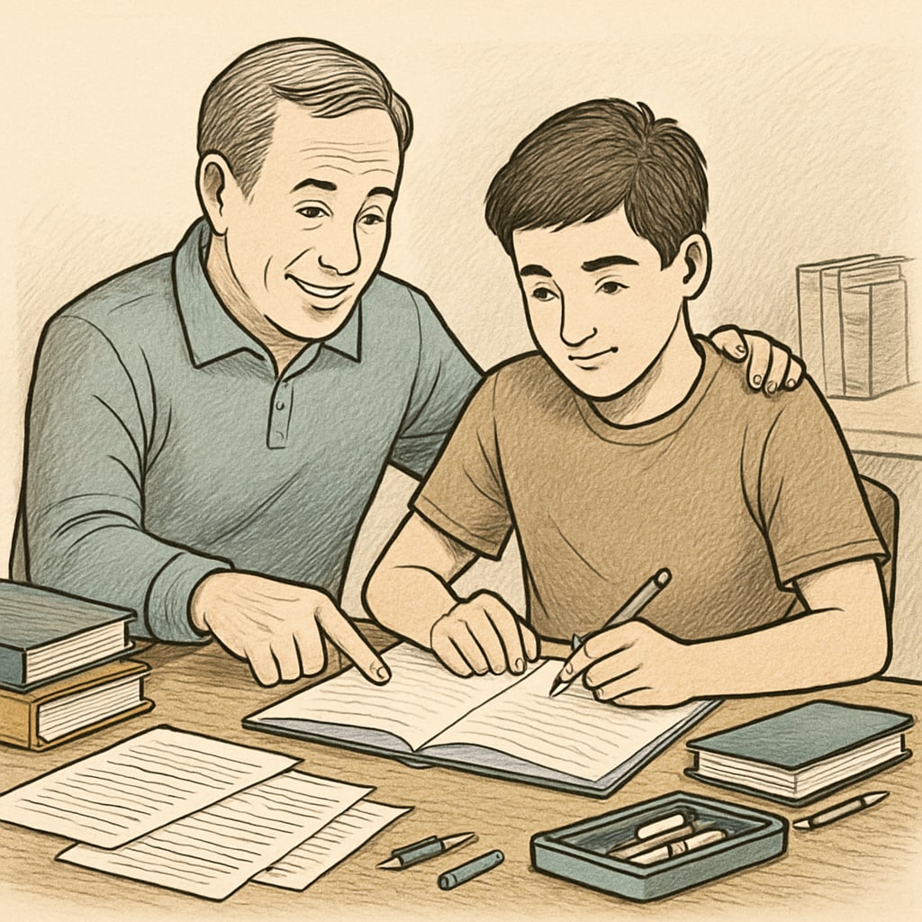 A parent and teenager working on a school project together, symbolizing family support and engagement. Parent helping a teen with schoolwork to address academic challenges and build confidence.