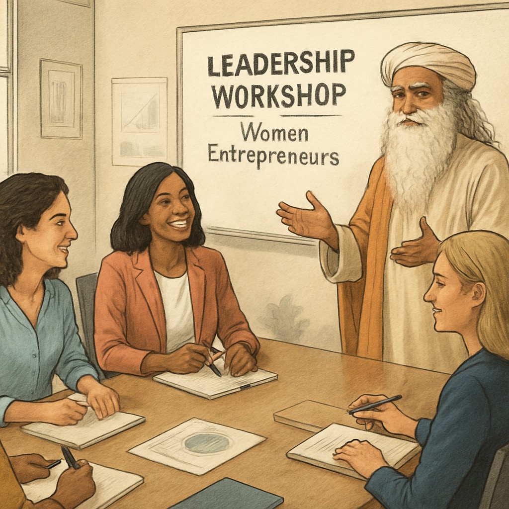 A group of women entrepreneurs engaged in a leadership workshop inspired by Sadhguru’s teachings. Women entrepreneurs learning leadership skills inspired by Sadhguru.