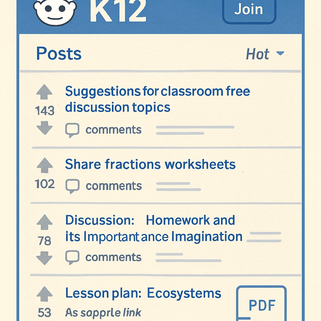 A screenshot of a popular K12-focused subreddit, showcasing active discussions and shared resources. Screenshot of K12-focused subreddit with discussions and resources.