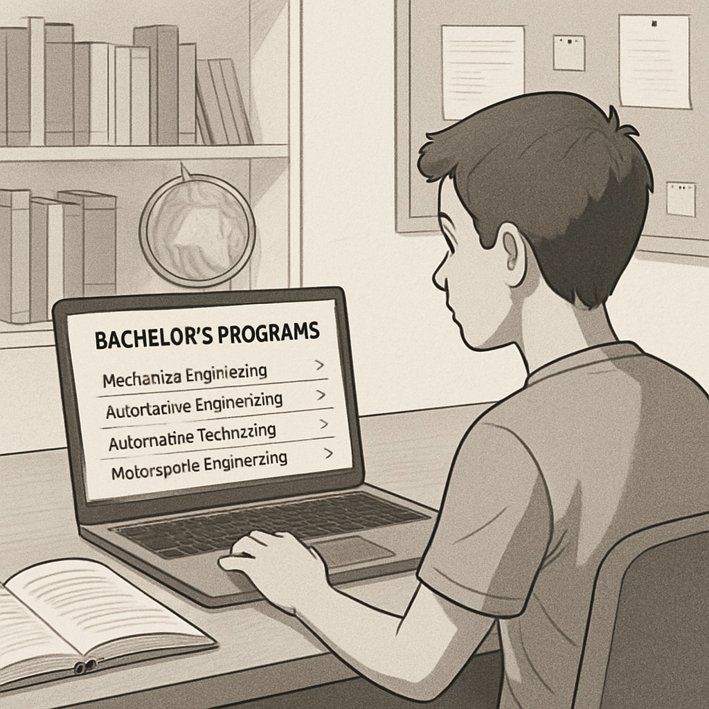 A student reviewing bachelor’s program options on a laptop, focusing on automotive-related fields. Student exploring bachelor’s programs related to automotive technology.