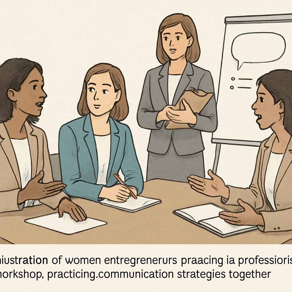 Women entrepreneurs practicing communication strategies during a professional workshop. Women entrepreneurs enhancing their communication skills in a workshop setting.