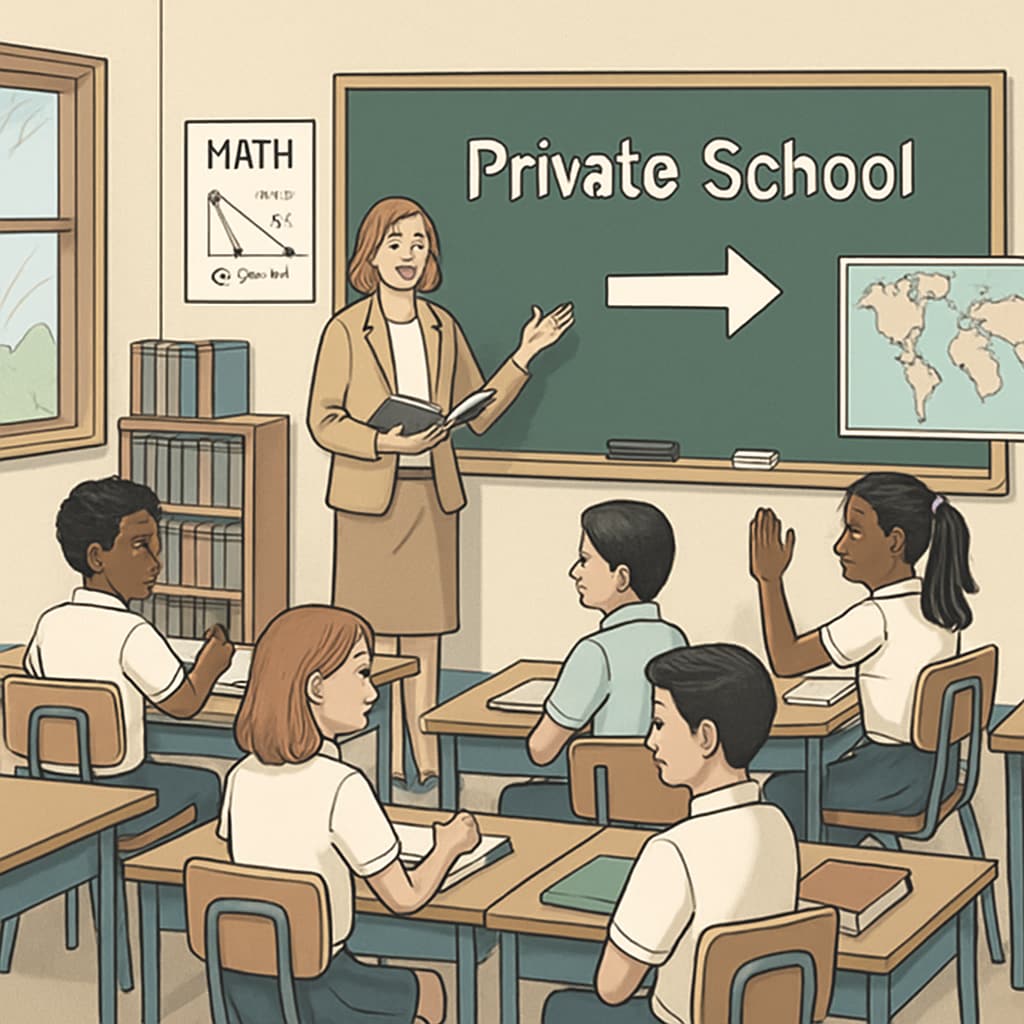 An image showing students in a private school classroom, symbolizing the impact of voucher programs on enrollment patterns. Students in a private school classroom discussing academic subjects.