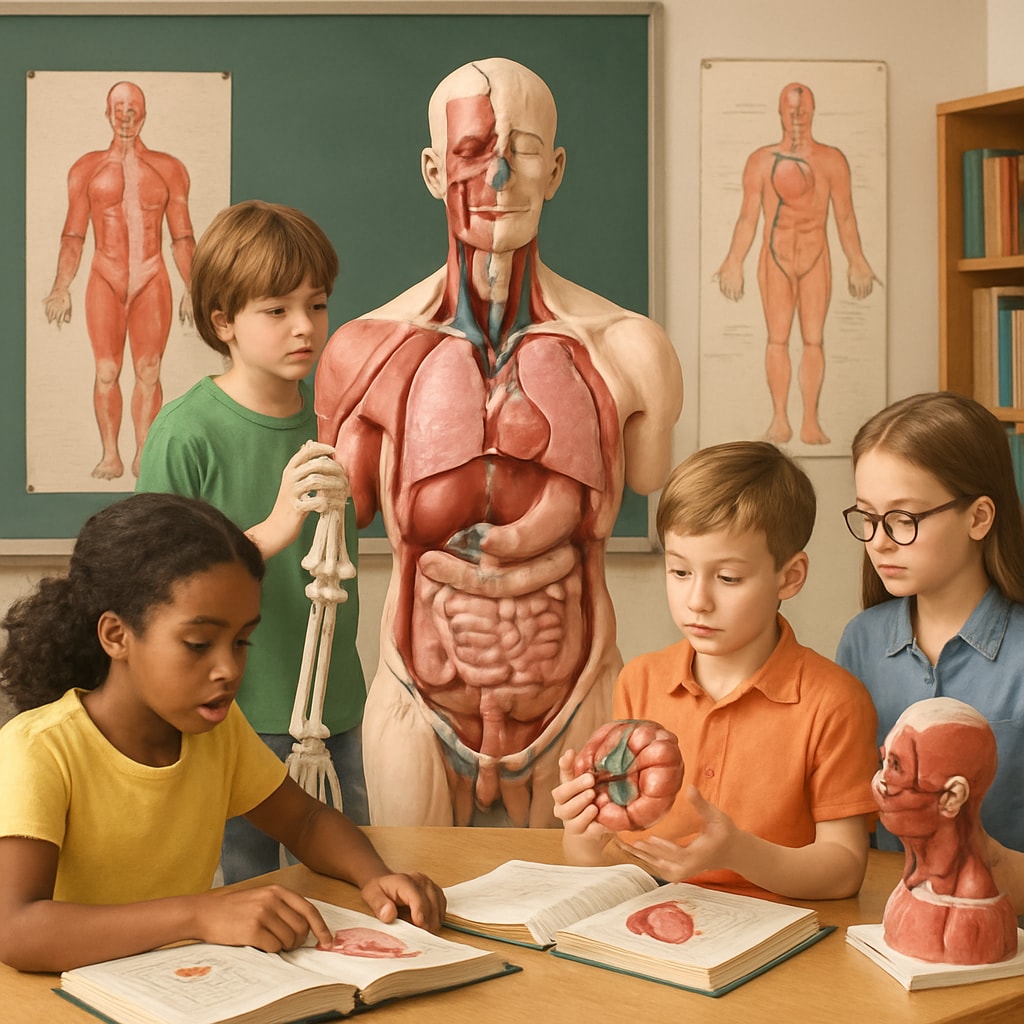A classroom setting where students are learning about human anatomy using interactive models. This image emphasizes the importance of hands-on learning in medical education for K12 students. Classroom teaching anatomy models with focus on medical education resources.