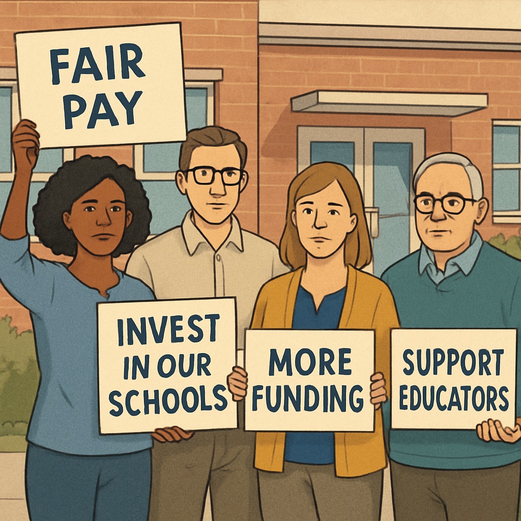 A group of teachers holding signs outside a school, advocating for better pay and resources. Teachers protesting outside a school during Teacherless Tuesday, advocating for better pay.