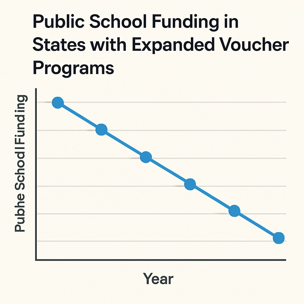 A graph depicting the decline in public school funding in states with expanded voucher programs. A graph illustrating public school funding decreases due to voucher programs.