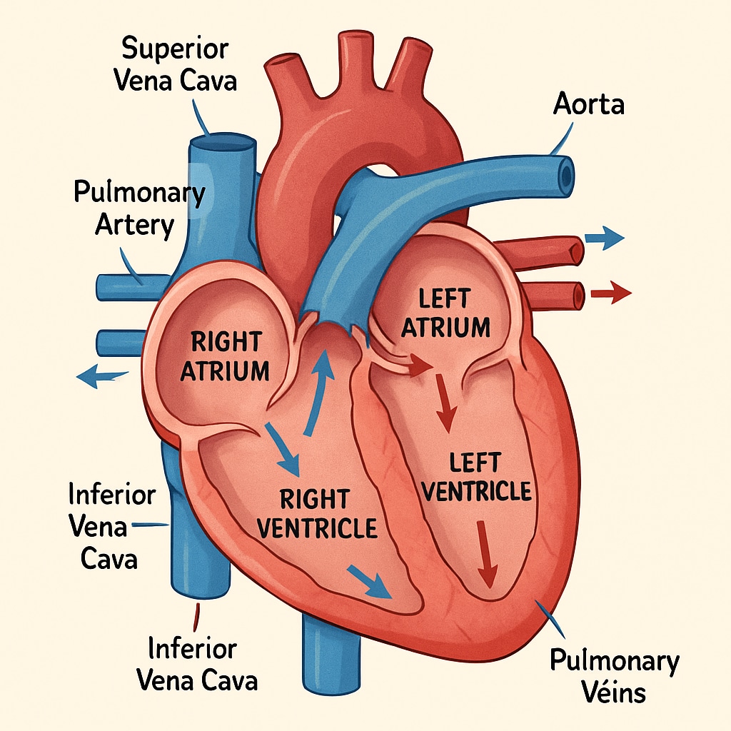A digital simulation showing the human heart and blood flow, ideal for K12 students learning basic cardiology. This image highlights technological tools in medical education. Digital heart simulation for K12 cardiology lessons.