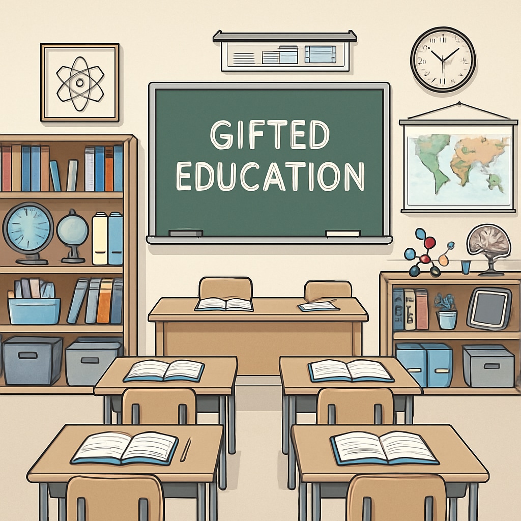 A gifted education classroom with advanced learning materials, highlighting the resources provided to academically talented students. Gifted education classroom showcasing advanced resources for talented students.