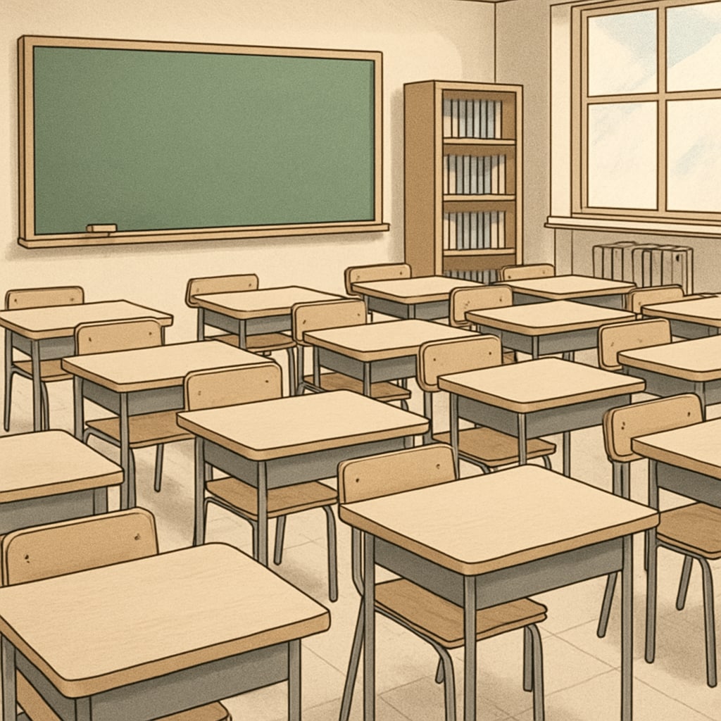 An empty classroom with desks and chairs, symbolizing the absence of teachers and substitutes during a protest. Empty classroom during Teacherless Tuesday, reflecting the shortage of teachers and substitutes.
