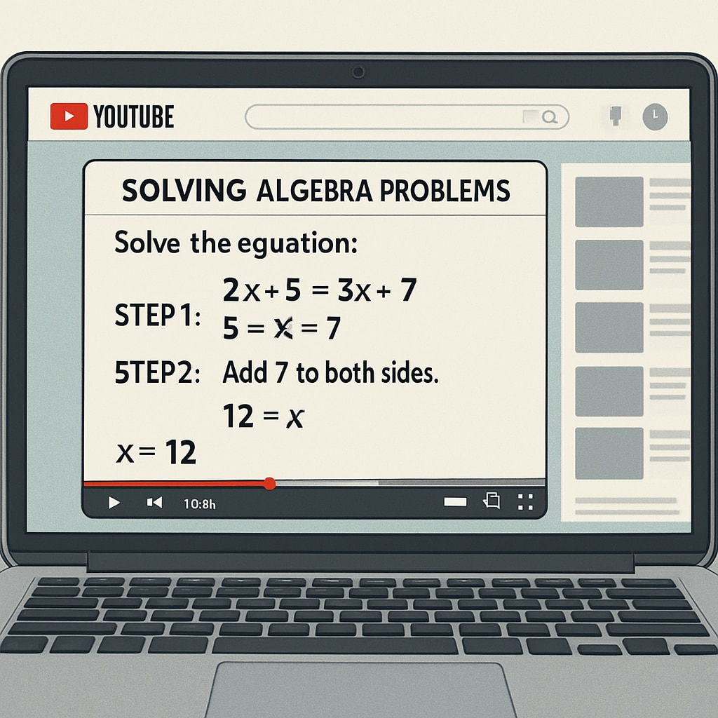 A laptop screen displaying a YouTube video tutorial on solving algebra problems, ideal for students preparing for math tests. YouTube tutorial on algebra problems for math test preparation.