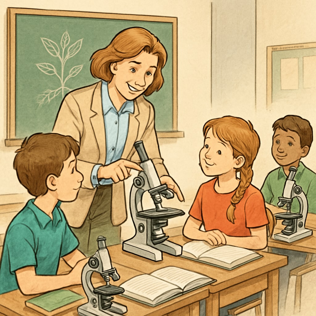 A biology teacher in a classroom, engaging with students using a microscope. Biology teacher demonstrating the use of a microscope to students in a classroom.