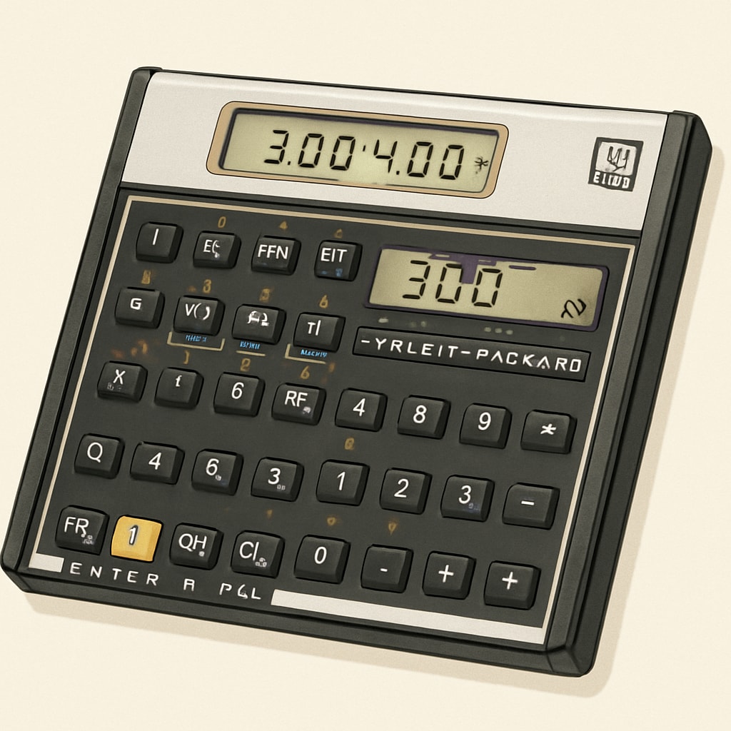 A close-up image of an HP 11c calculator performing a postfix calculation, highlighting the unique RPN input system. HP 11c calculator with a postfix operation display.