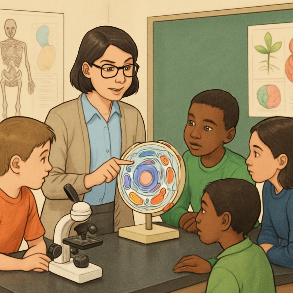 A student teacher leading a biology demonstration with a group of middle school students. Student teacher explaining a biology experiment to middle school students.
