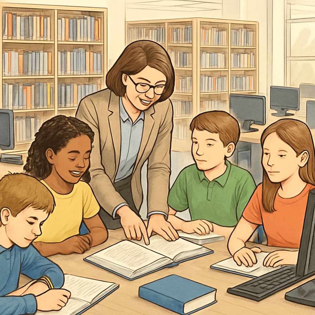A school librarian assisting a group of students with research projects in a modern library. School librarian helping students with research in a school library.