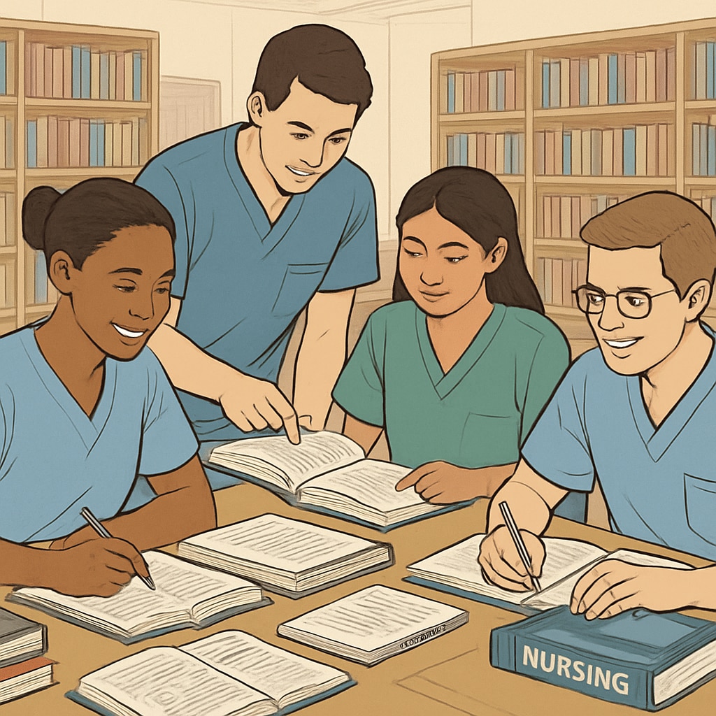 A group of nursing students studying together in a college library. The image captures collaboration and academic focus, relevant to nursing education. Nursing students studying together in a library, highlighting nursing education.