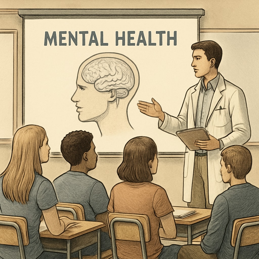 A group of high school students attentively listening to a medical student during a mental health seminar. The focus is on engagement and connection. High school students listening during a mental health seminar led by a medical student.
