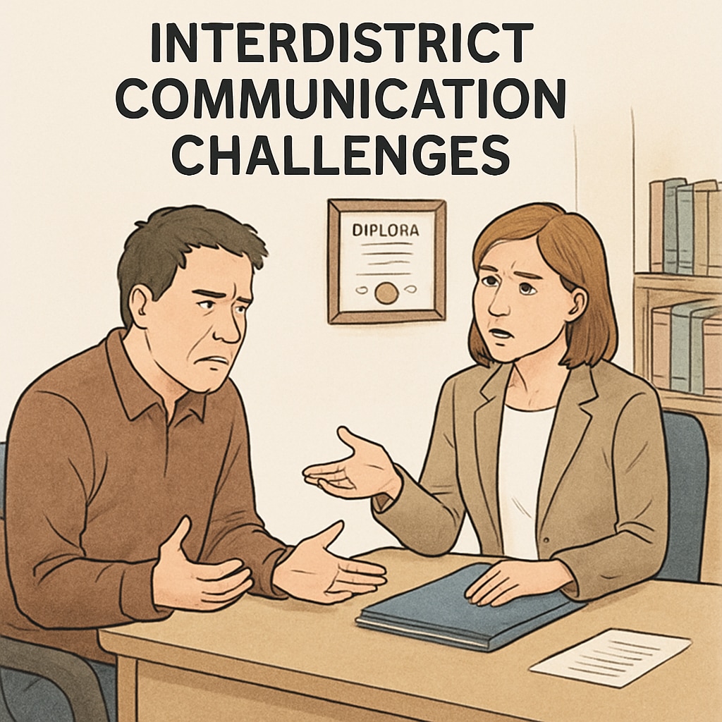 A professional photo of a frustrated parent speaking with a school administrator, symbolizing challenges in interdistrict communication. Parent discussing student transfer challenges with school administrator.