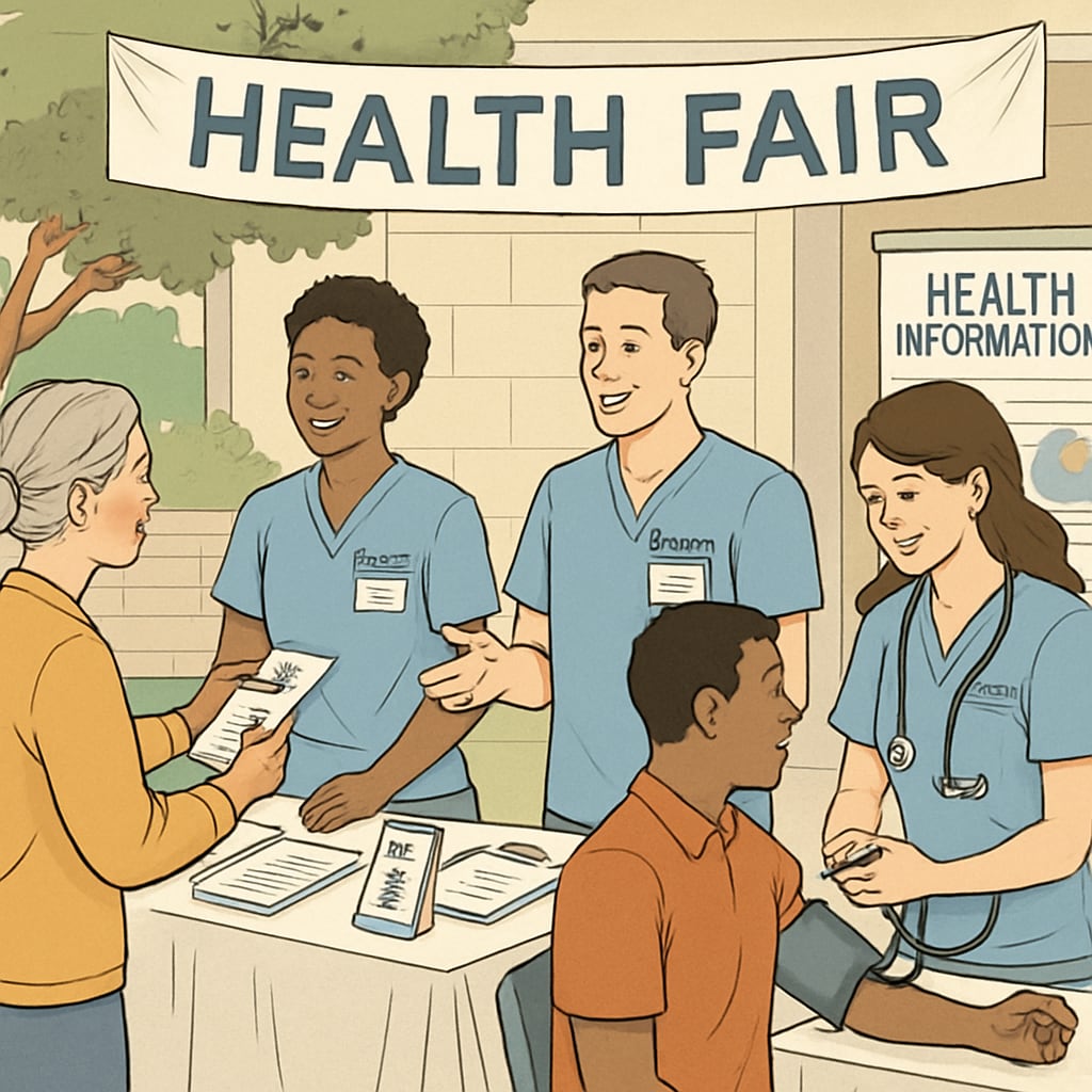 A campus event showcasing nursing students volunteering at a health fair, emphasizing the importance of campus engagement. Nursing students volunteering at a campus health fair, representing campus life and nursing education.