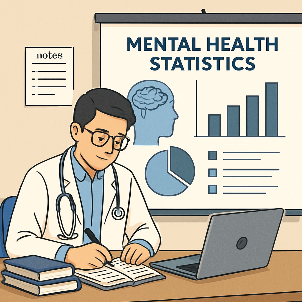 A medical student preparing a slideshow presentation with mental health statistics for a school event. The image emphasizes preparation and professionalism. Medical student preparing a presentation on mental health for high school students.