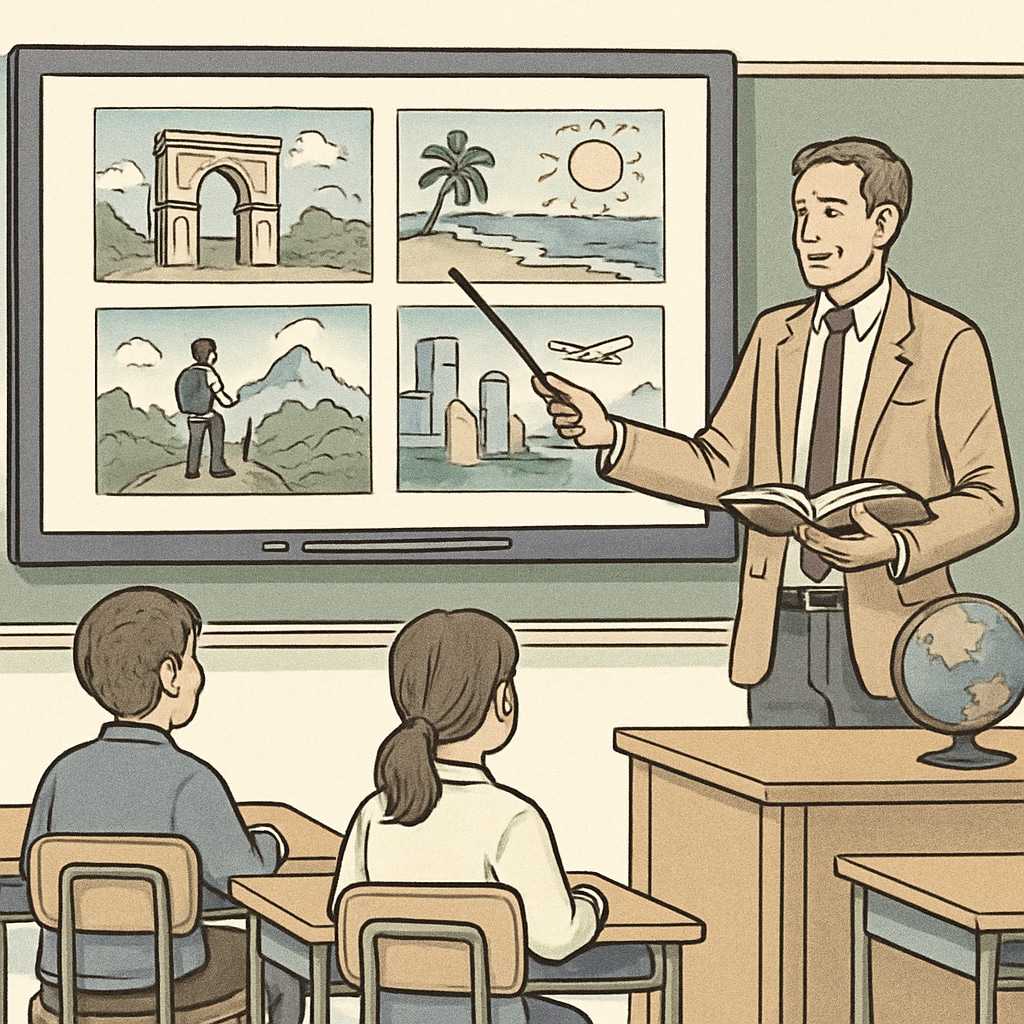 A teacher using a smartboard to display tourism short videos during a geography lesson, demonstrating interactive education methods. Teacher displaying tourism short videos to K12 students during a geography lesson.
