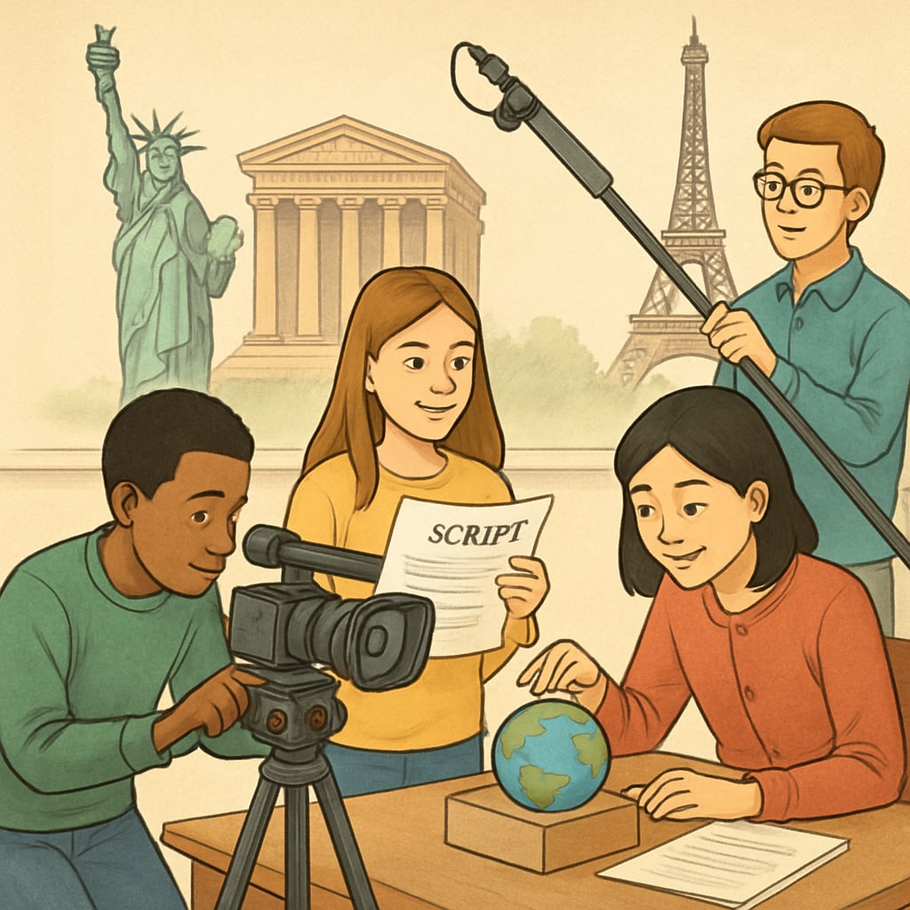 Students collaborating to create a short video project about tourism landmarks, showcasing hands-on learning experiences. Students creating short video content related to tourism as part of a school project.