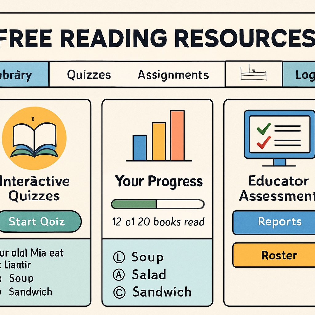 Screenshot of a free reading resource platform, showcasing interactive quizzes and progress tracking features, providing educators with assessment tools. Example of free reading resource platform with interactive quizzes and tracking features.