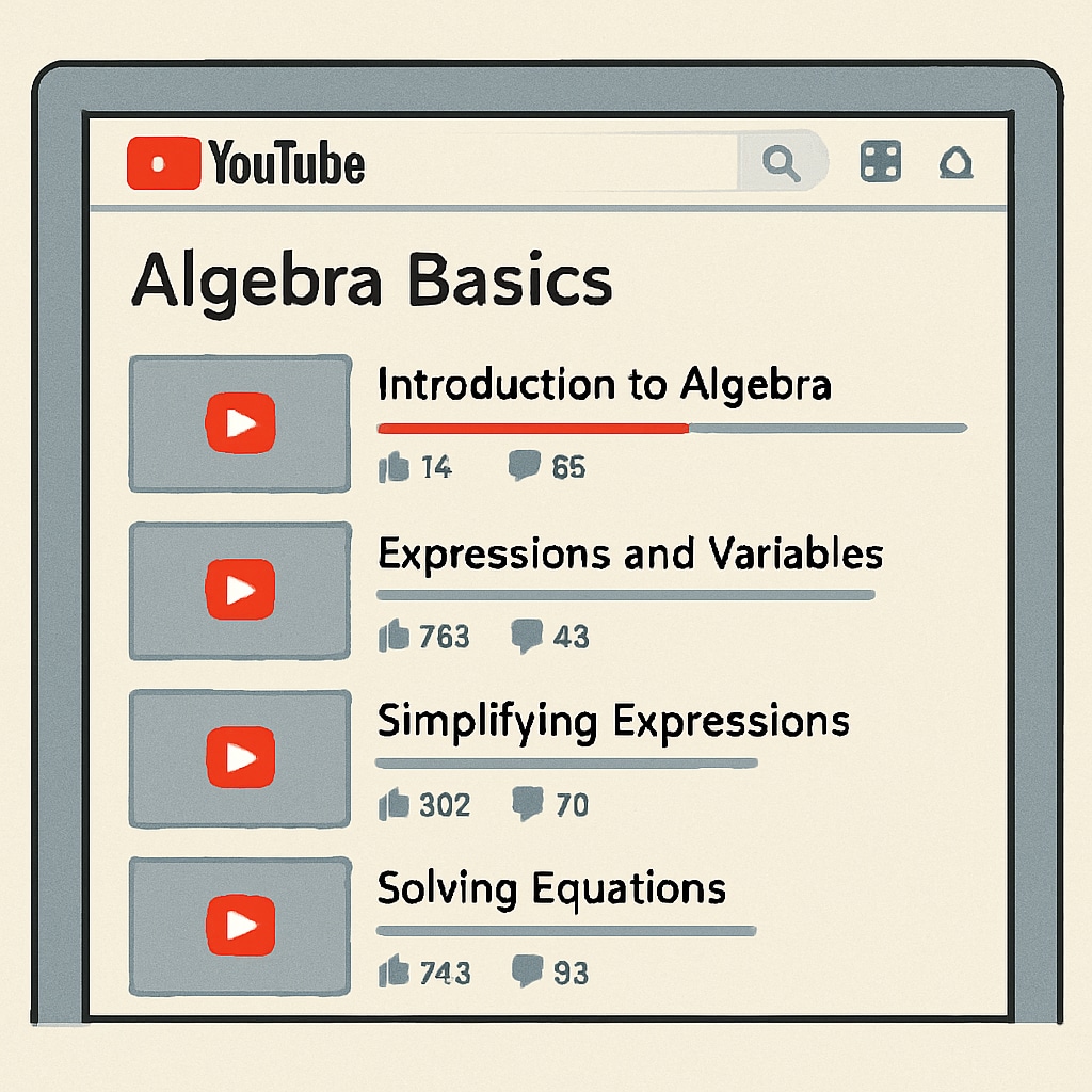 A screenshot of a well-organized YouTube playlist on algebra basics, showing progress tracking and user engagement. YouTube playlist on algebra basics for self-directed learning.