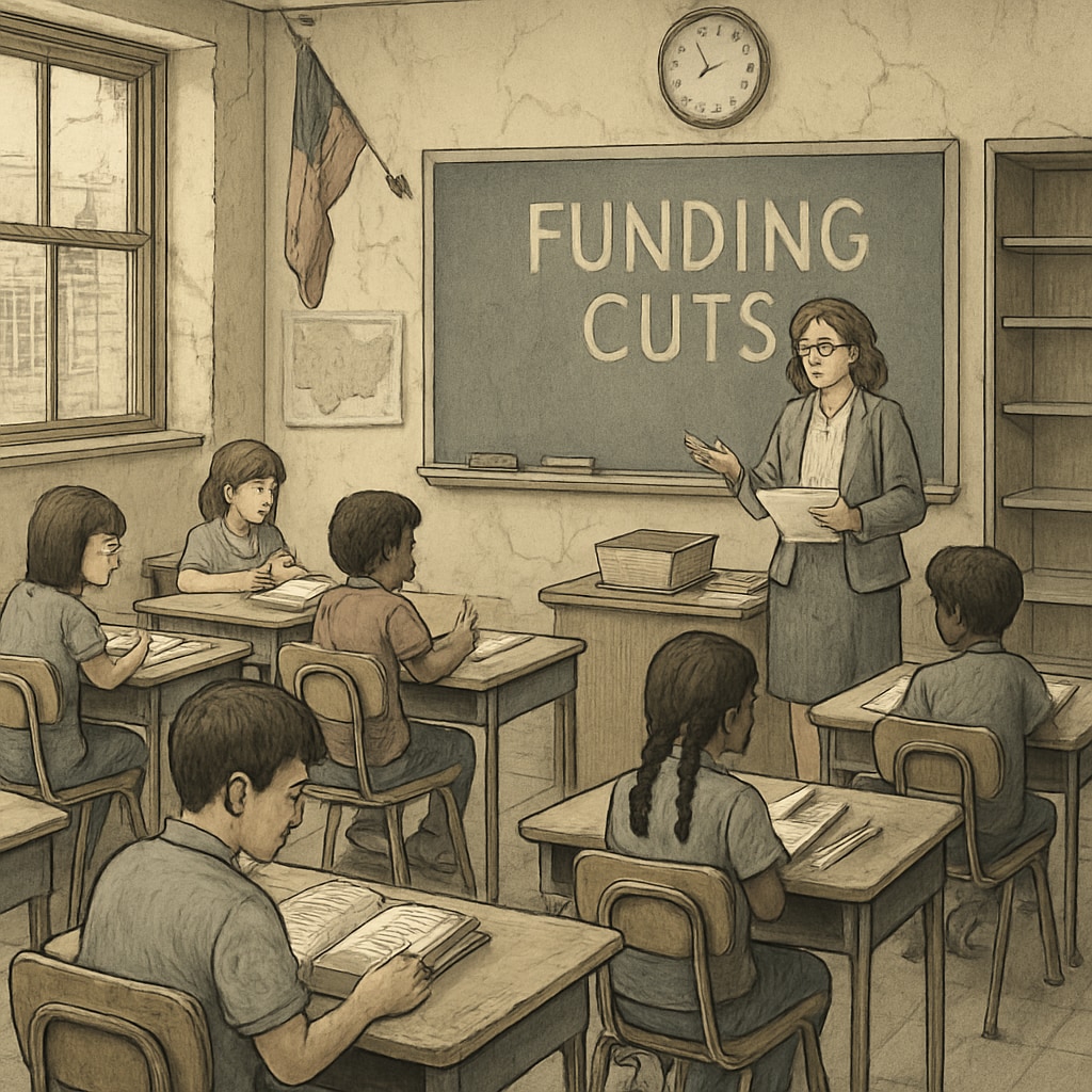 Students attending a public school classroom, illustrating the challenges of reduced funding. Public school classroom with students and teacher, representing funding challenges.