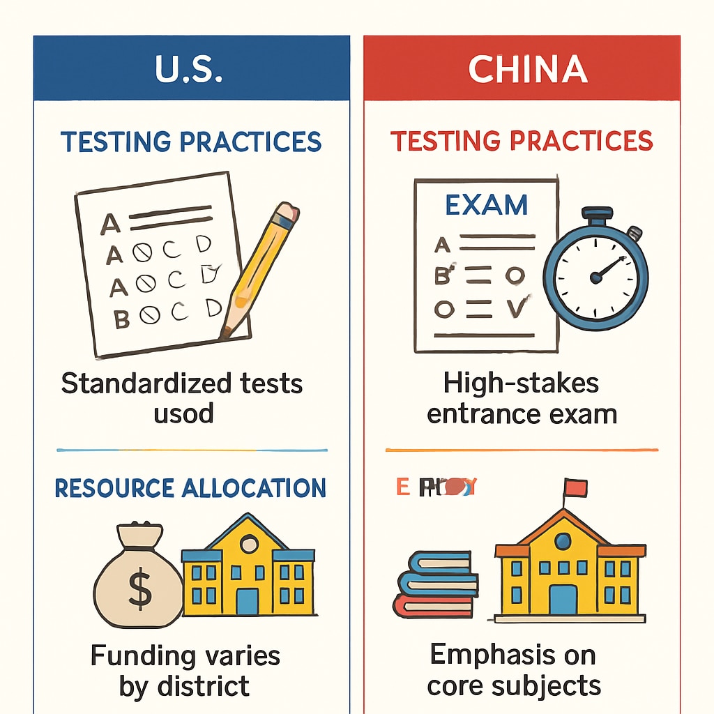 A comparative chart or infographic illustrating the differences between the US and Chinese education systems, focusing on testing practices and resource allocation. Infographic comparing US and Chinese education systems, testing practices, and resource allocation.