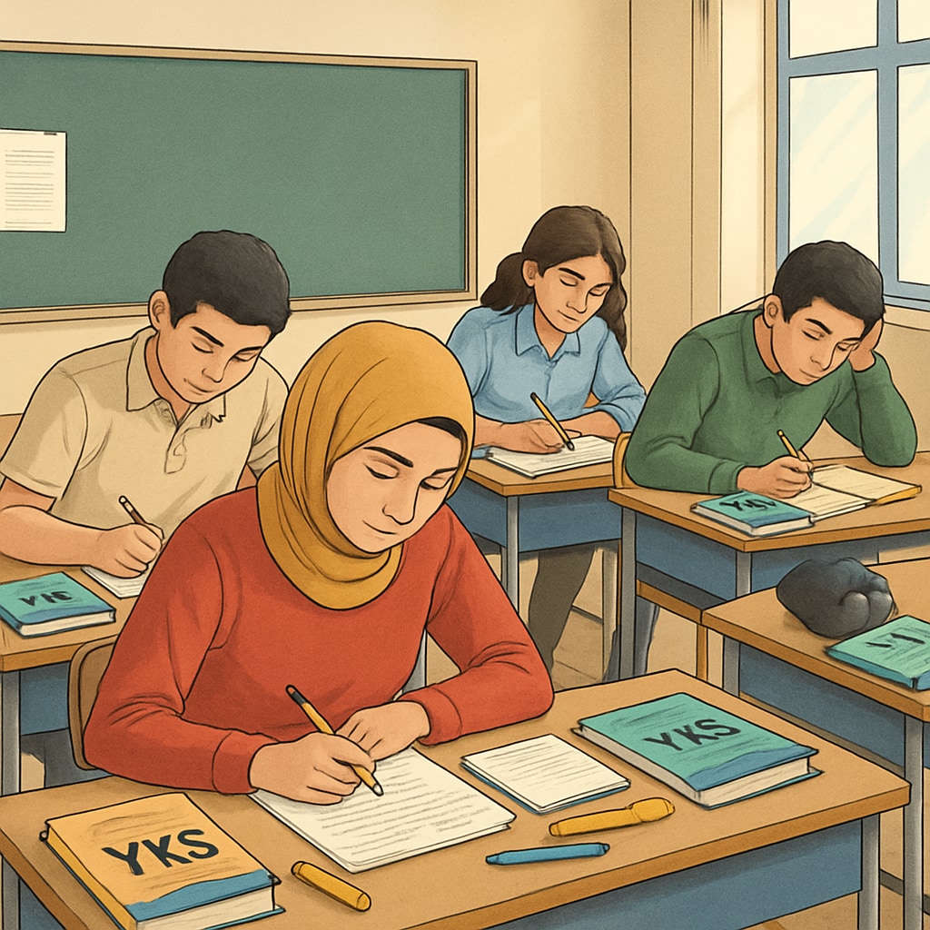 A classroom of Turkish students preparing for a national exam, with books and notes scattered on desks. Turkish students studying for exams, highlighting the exam-oriented education system.