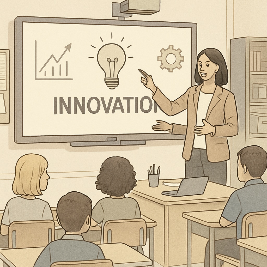A teacher using a smartboard in a technology-enhanced classroom, representing innovation in public schools. Public school teacher using modern technology in class, symbolizing innovation.