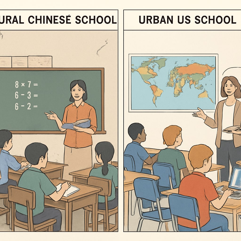 A photograph contrasting classroom environments in a rural Chinese school and an urban US school, showcasing disparities in resources. Classroom comparison between rural China and urban US to highlight resource allocation differences.