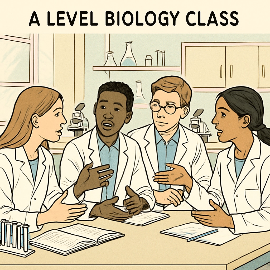 UK students engaged in active discussions during an A Level biology class, with lab equipment visible in the background. A Level students in a UK classroom, showcasing flexible and interest-driven learning.