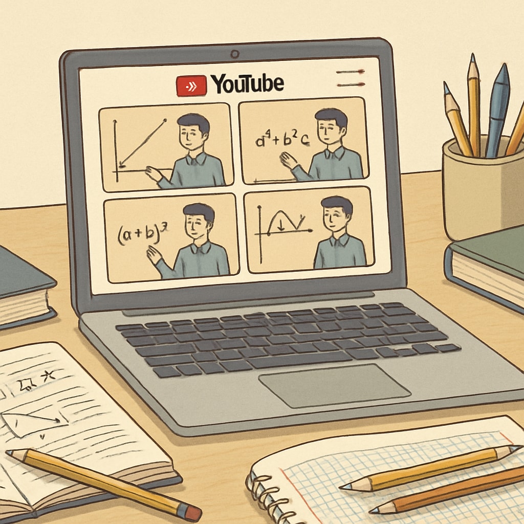 A professional-looking desk with a laptop showing YouTube math tutorial videos, surrounded by notebooks and pencils. Laptop displaying YouTube math tutorials for campus recruitment preparation.