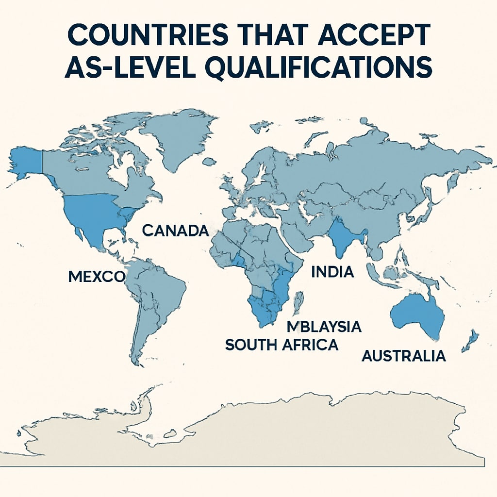 A global map highlighting countries that accept AS-Level qualifications, visualizing accessibility for international students. Map showing regions where AS-Level qualifications are accepted in university admissions.