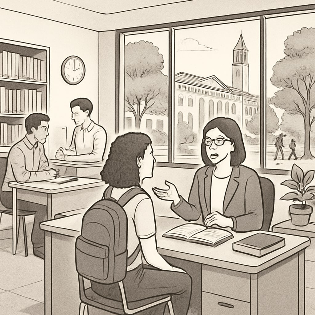 A University of California campus during a student counseling session, illustrating the importance of academic consulting. University of California campus with a counseling session in progress for K-12 students.