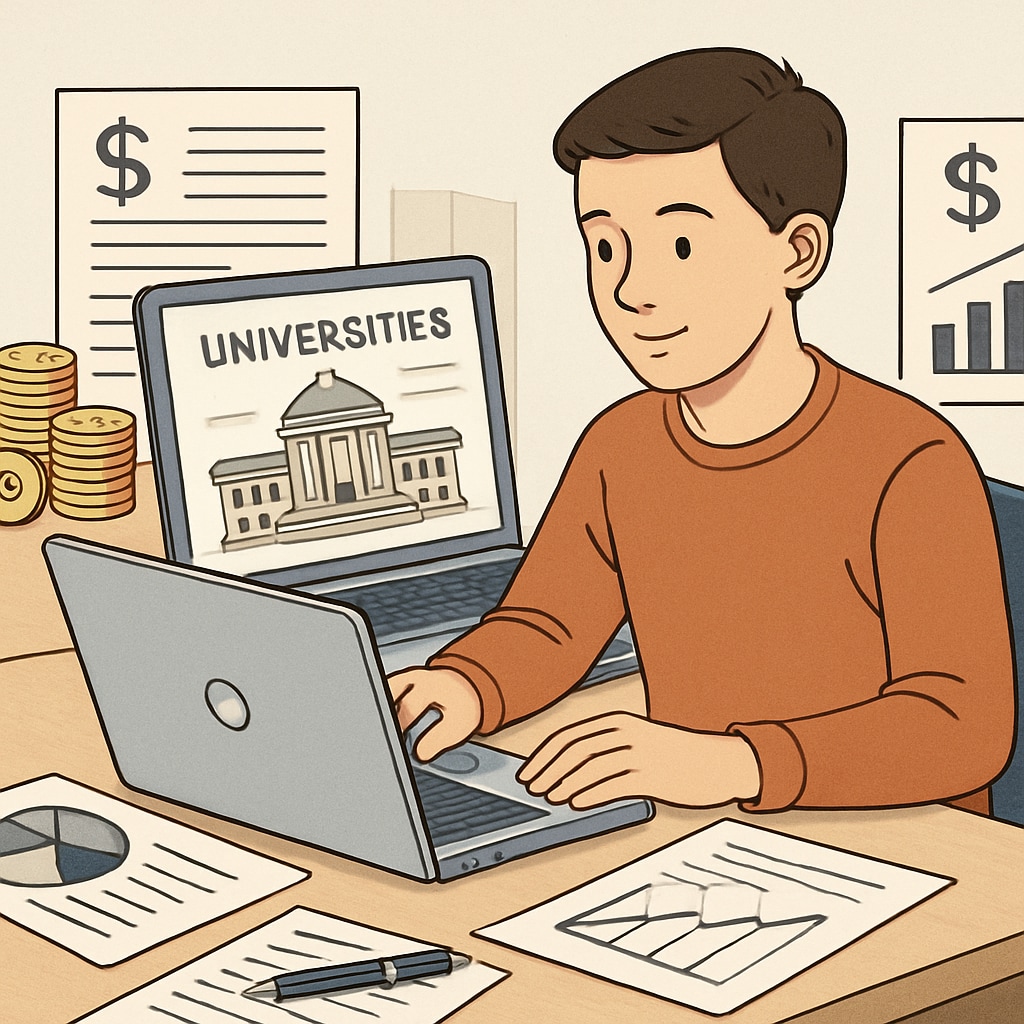A student researching universities online with a laptop and financial documents, symbolizing affordable education planning. Student browsing universities online with financial documents for budget analysis.