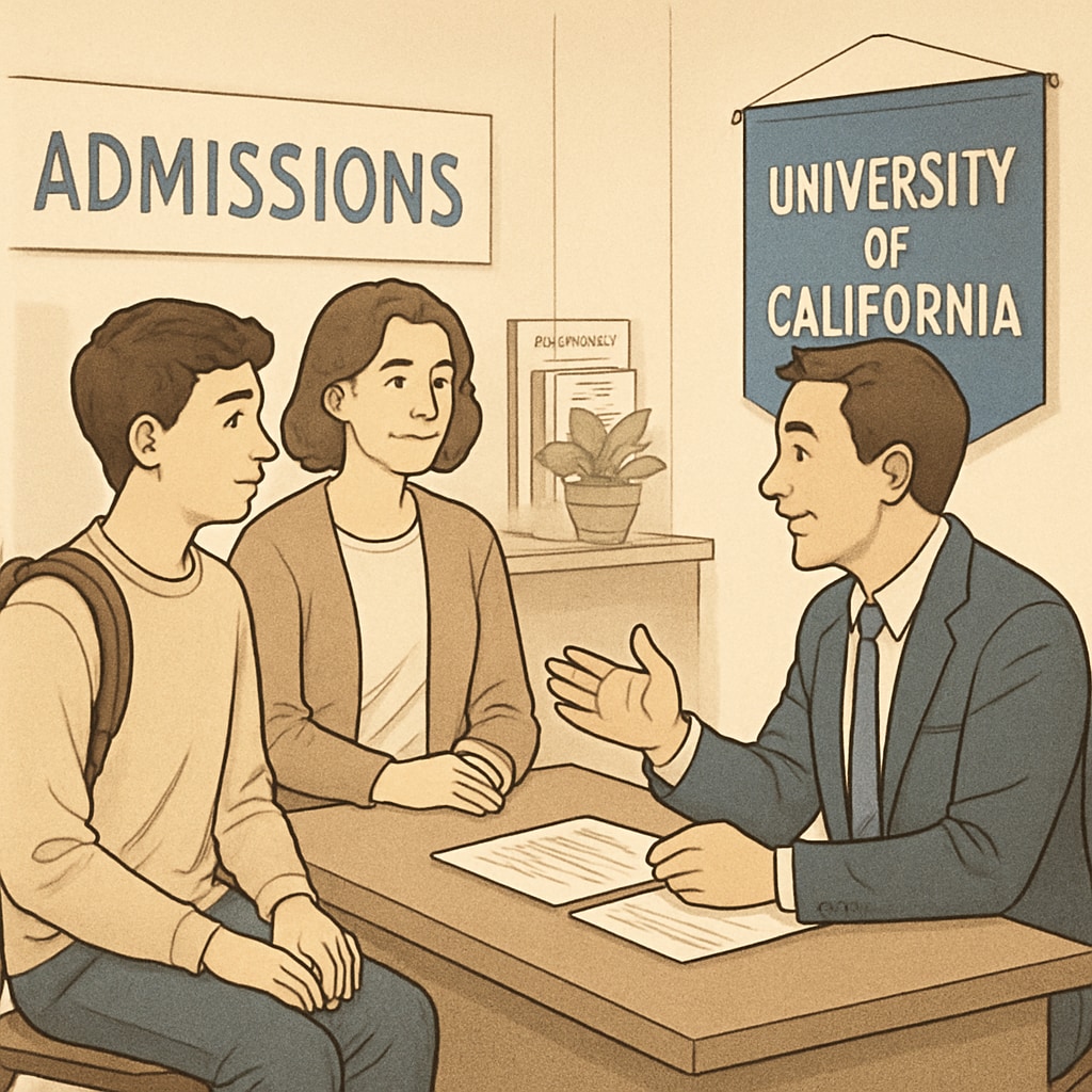 A high school student and parent speaking with a University of California admissions officer during an open house event. High school student and parent engaging with a University of California admissions officer.