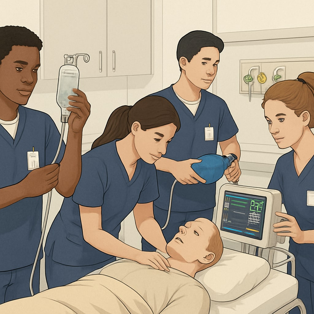 A vibrant nursing student group participating in a simulation lab experience, highlighting hands-on learning in a nursing program. Nursing students practicing in a simulation lab, a key part of nursing education.