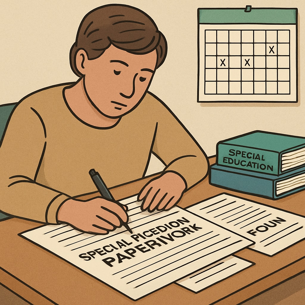 A parent filling out complex paperwork for a school application, symbolizing the bureaucratic hurdles faced in special education. Parent navigating the school application process for special education needs.