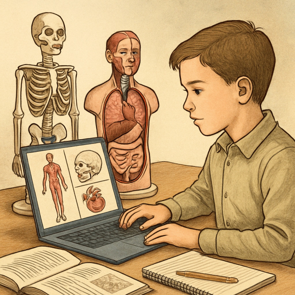 A K12 student exploring anatomy models or studying medical graphics on a laptop. K12 student learning about medical topics through interactive tools.