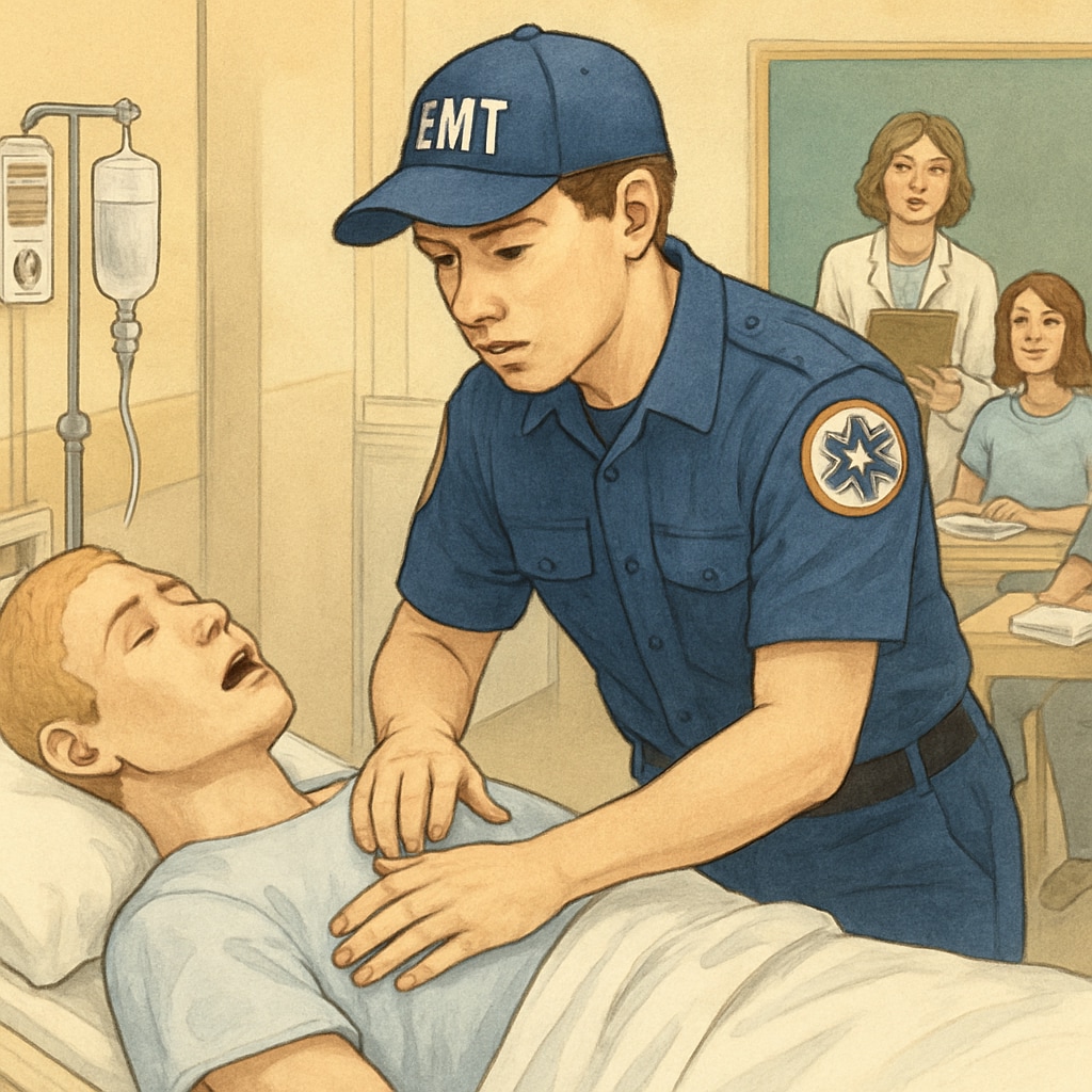 A student wearing an EMT uniform helping during a clinical exercise in a nursing program, showcasing the value of prior EMT experience. EMT-certified nursing student assisting in a clinical exercise, leveraging prior experience.