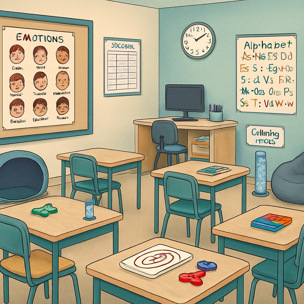 A classroom with specialized tools designed for children with ADHD and autism, showcasing an ideal learning environment for special needs education. Classroom tools for ADHD and autism students in special education.