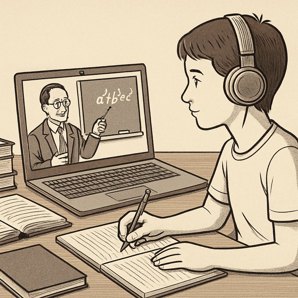 A student attending an online lecture on their laptop, with study materials spread out nearby. Online learning flexibility for higher education students.