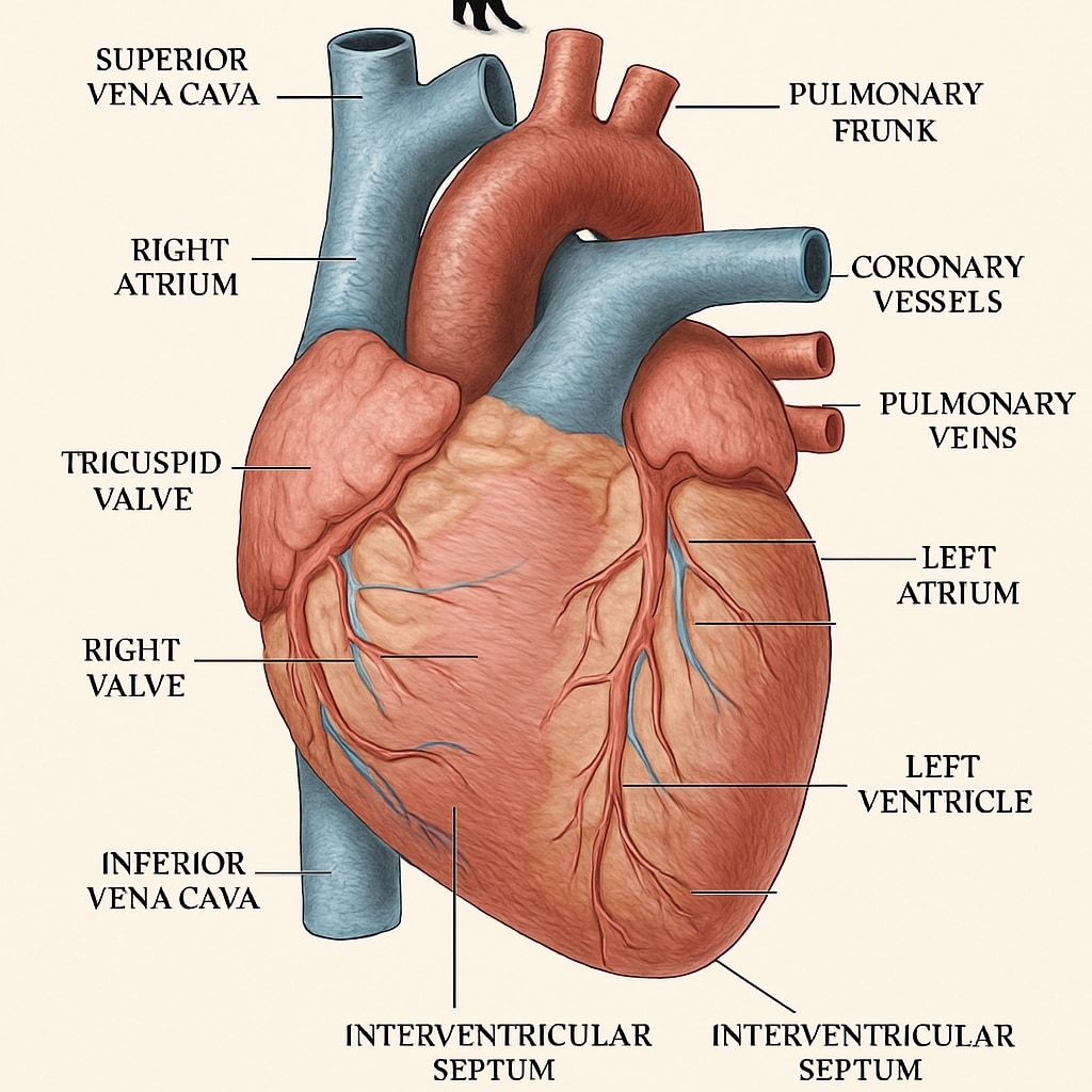 A visual representation of the human heart with labeled structures, designed for educational purposes. Educational graphic showing labeled heart anatomy for K12 learning.