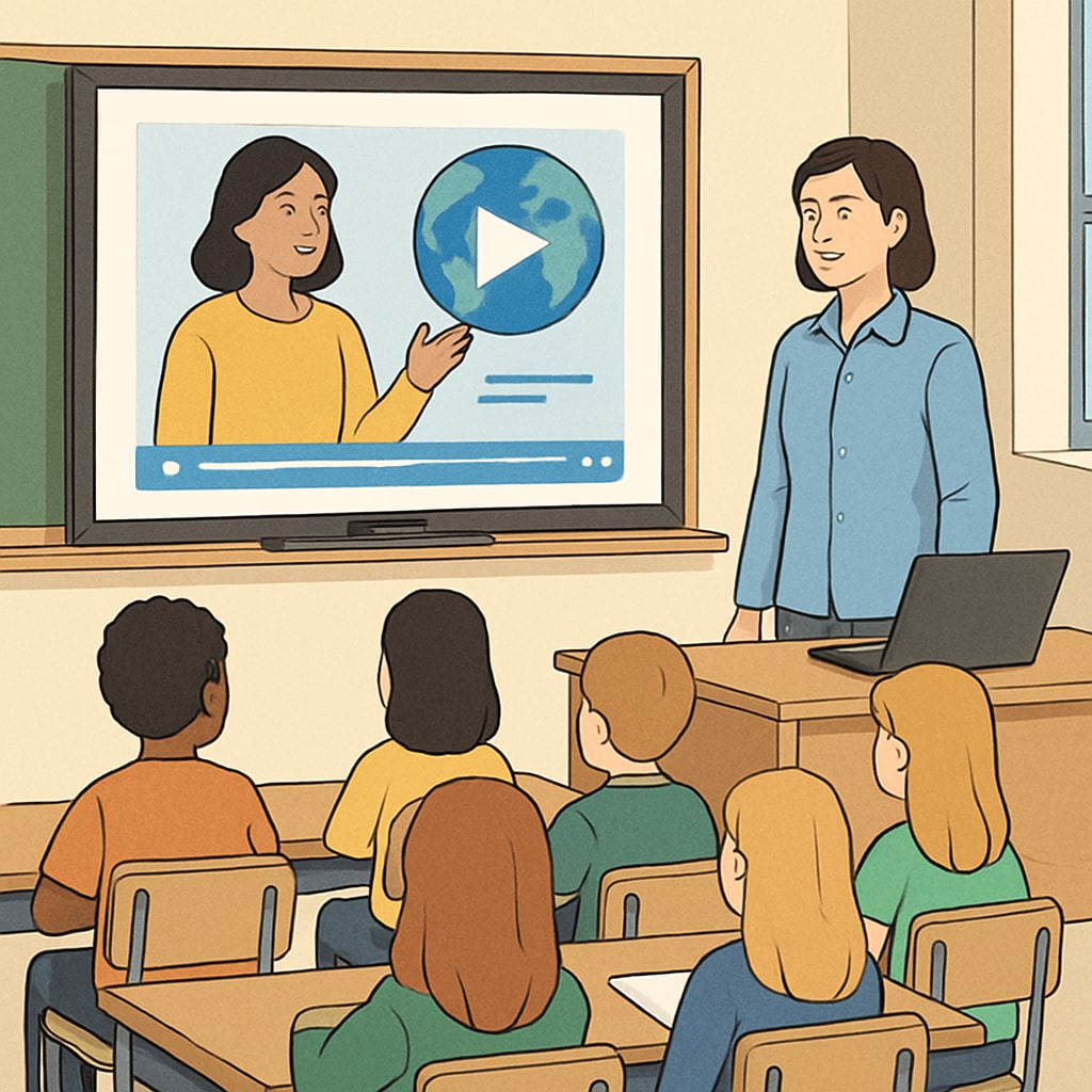 A classroom with students watching an educational short video on a smartboard. The image highlights the integration of technology into modern learning environments. Students watching an educational short video in a classroom.