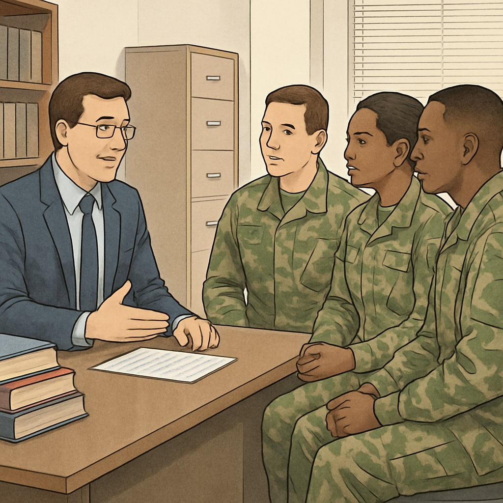 A professional image of military personnel discussing education opportunities with an advisor. Military personnel exploring bachelor's degree options related to automotive technology.