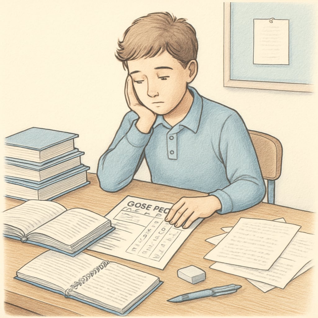 A student sitting at a desk, reflecting on their GCSE results, with books and notes scattered around them. The image represents the emotional impact of academic performance. Student reflecting on GCSE results with scattered books and notes.