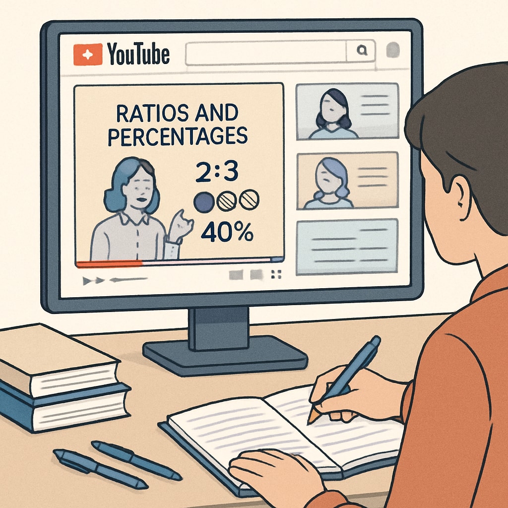 A YouTube interface displaying tutorials on ratios and percentages, with a student taking notes. YouTube tutorials on ratios and percentages for mathematical aptitude test preparation.