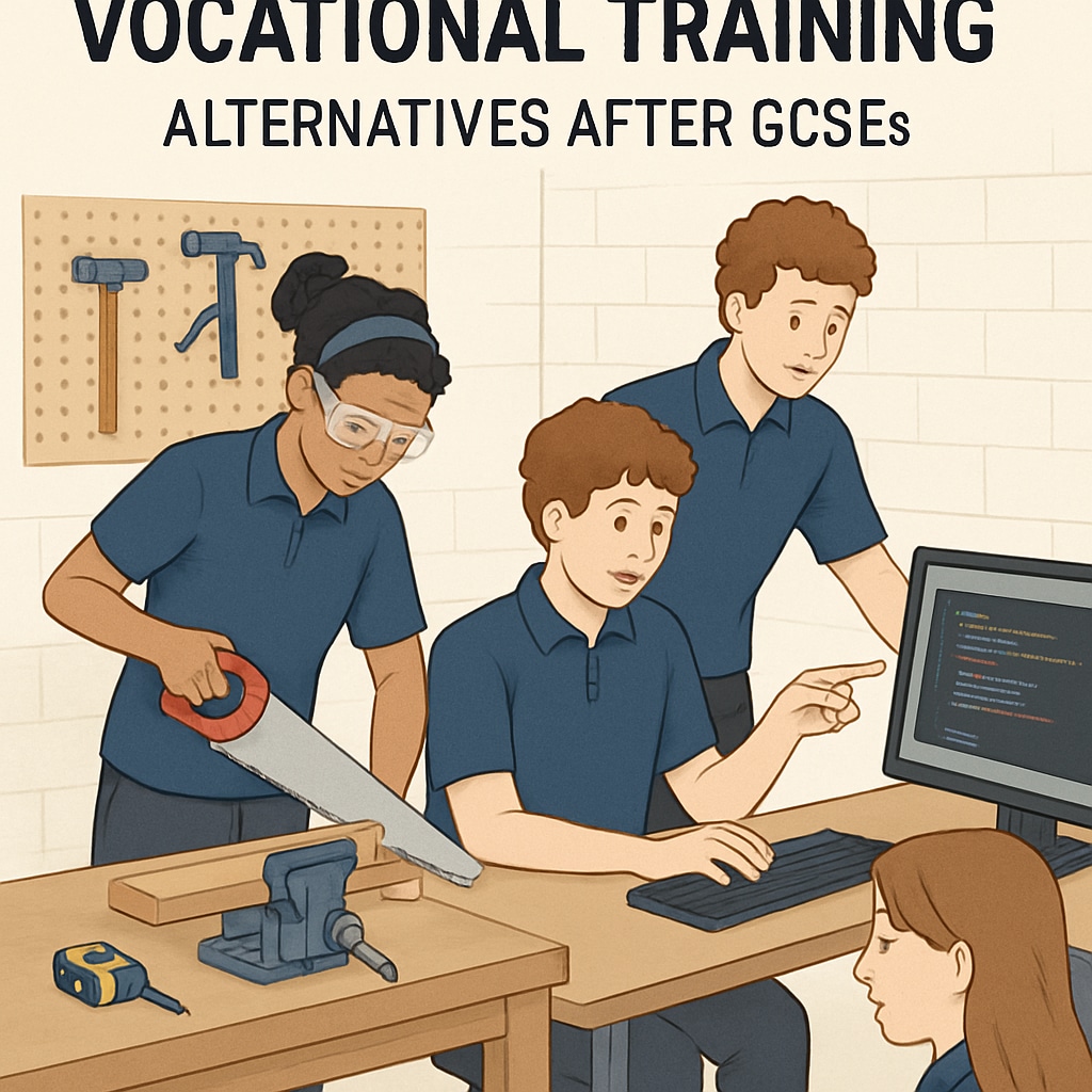 A group of students engaging in hands-on vocational training, such as carpentry or programming. The image highlights alternative educational pathways available after GCSEs. Students engaged in vocational training as an alternative to traditional academics.