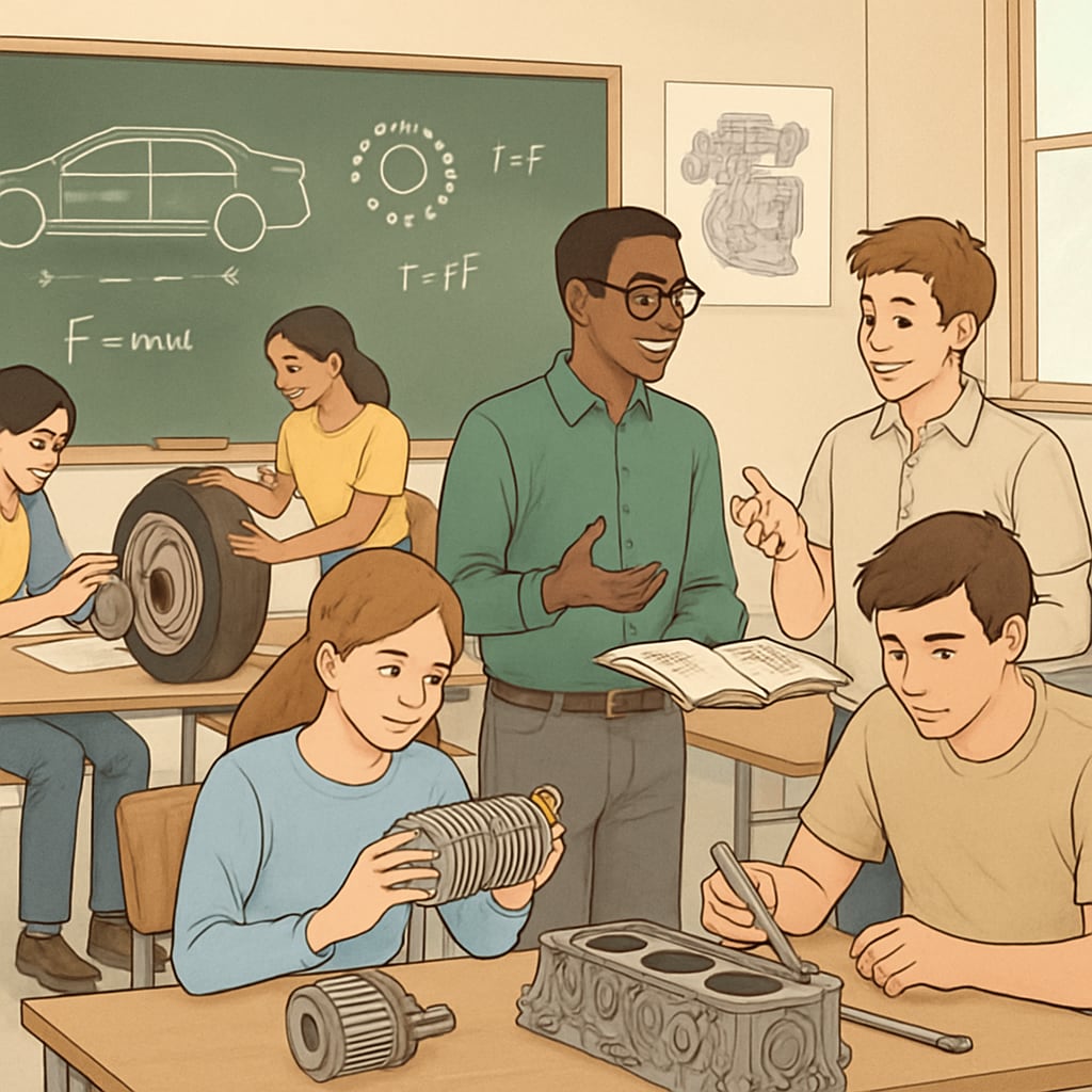 An image showing a classroom with students working on automotive components and discussing engineering concepts. Classroom focused on automotive engineering and related bachelor's programs.